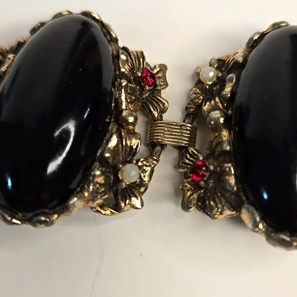 Selro Selini Style Cabochon Goldtone Bracelet Pearls Red Rhinestones 1950's